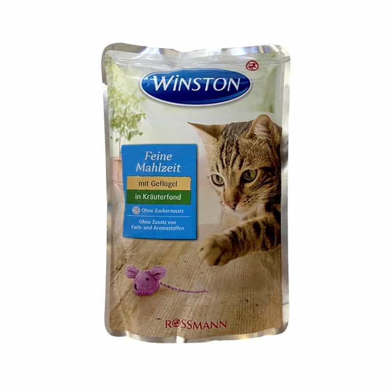 پوچ گربه وینستون با طعم طیور در آب سبزیجات وزن 100 گرم
