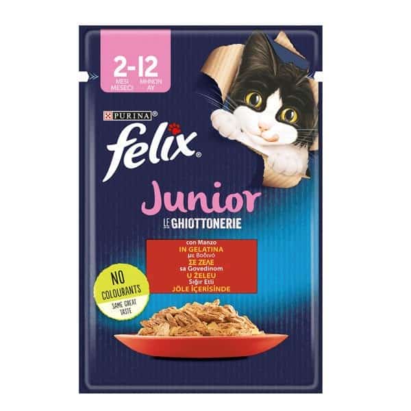 | پوچ بچه گربه فلیکس Felix با طعم گوشت گاو در ژله وزن ۸۵ گرم