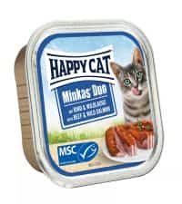 گربه | ووم گربه هپی کت مینکاس طعم گوشت گوساله و سالمون 100 گرم