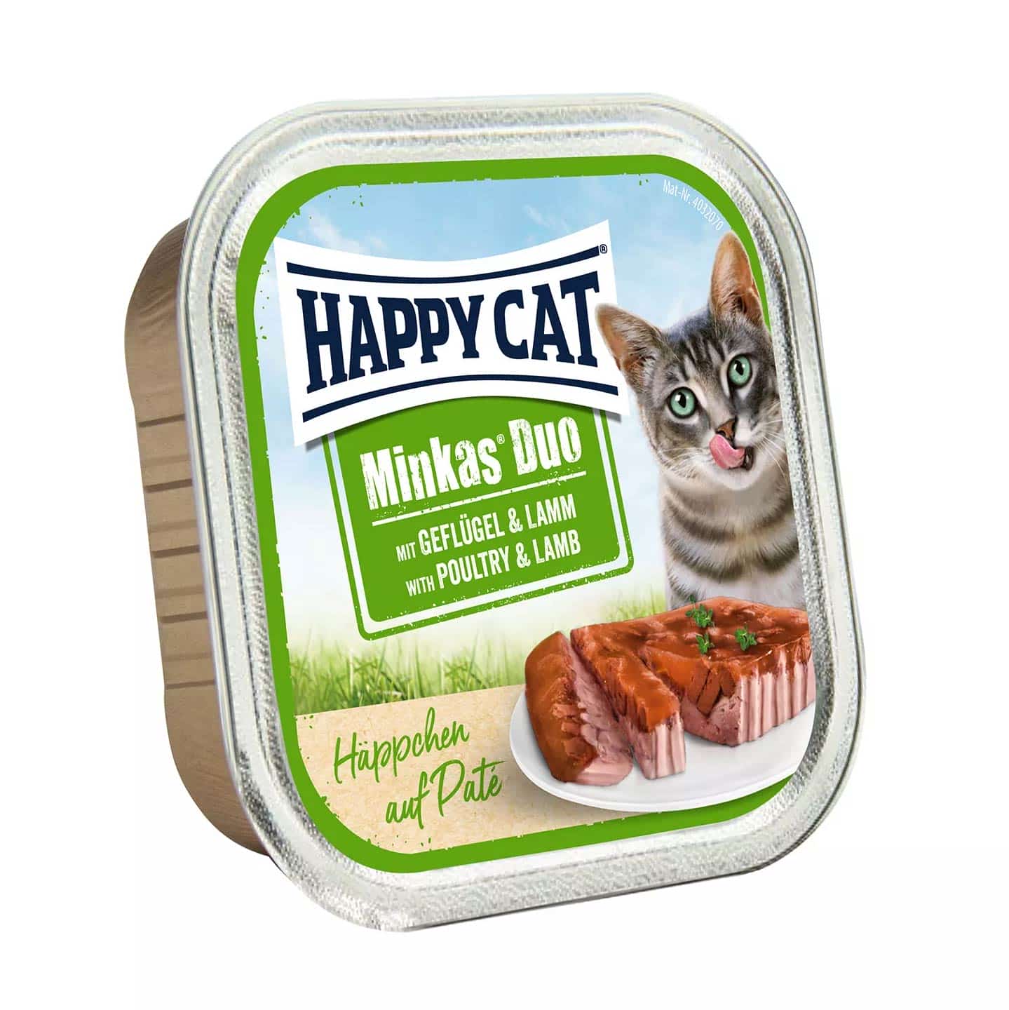 | ووم گربه هپی کت مینکاس طعم گوشت بره و مرغ 100 گرم