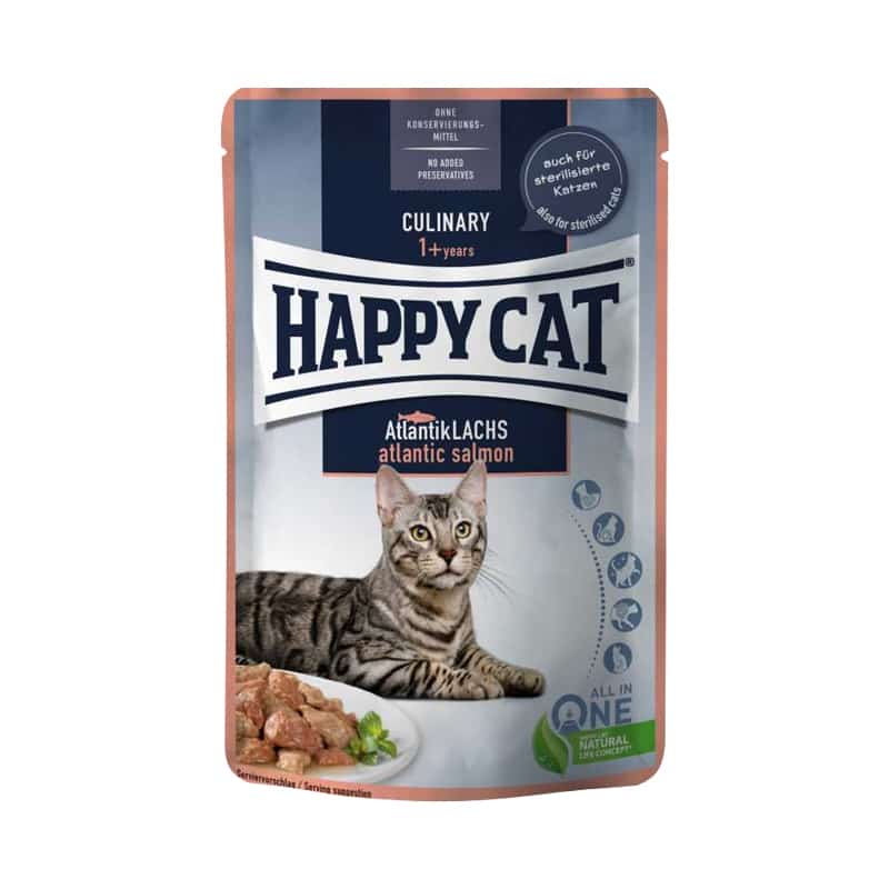 درست کردن غذای خانگی برای گربه | پوچ گربه هپی کت Happy Cat با طعم سالمون مدل Culinary Atlantic Salmon وزن 85 گرم