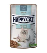 | پوچ گربه هپی کت Happy Cat مدل پوست و مو Sensitive Skin & Coat وزن 85 گرم