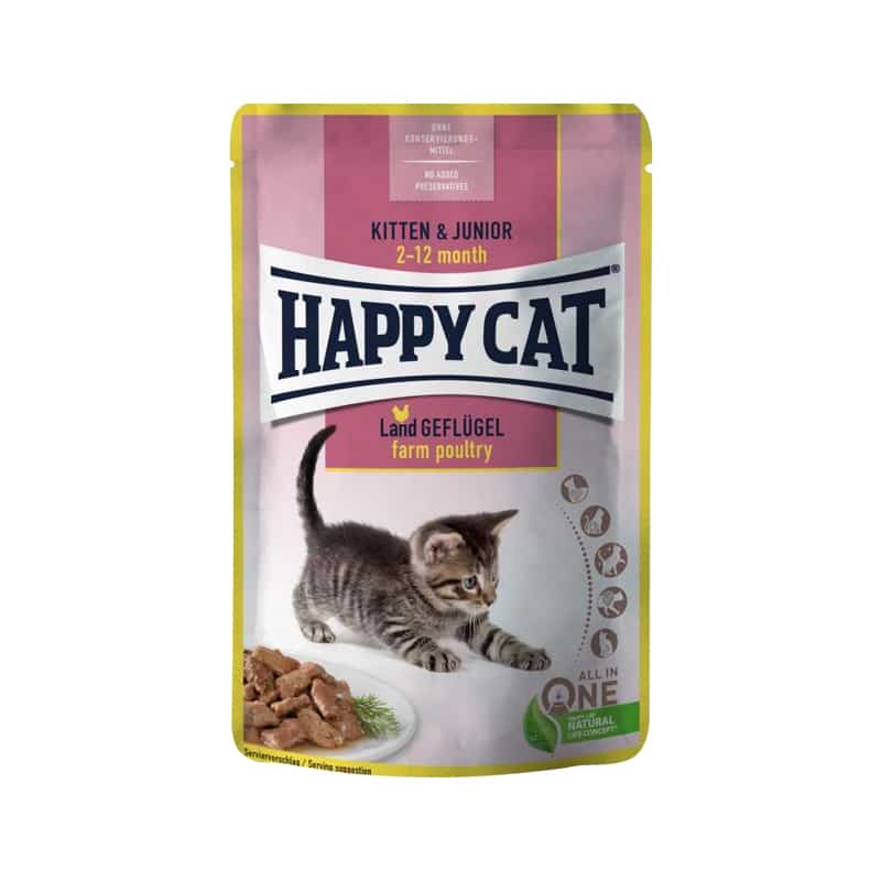| پوچ بچه گربه هپی کت Happy Cat با طعم مرغ مدل Kitten &Junior Poultry وزن 85 گرم