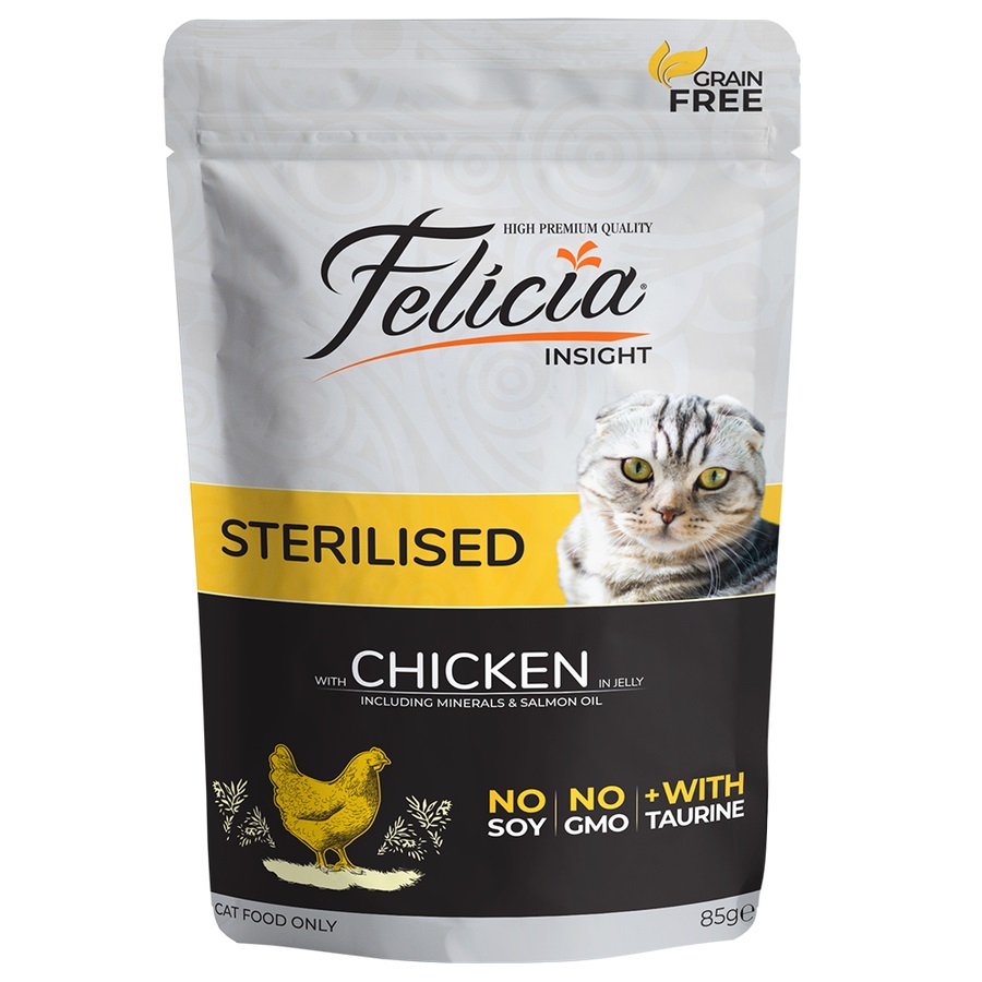 | پوچ گربه بالغ عقیم شده فلیسیا Felicia طعم مرغ وزن 85 گرم