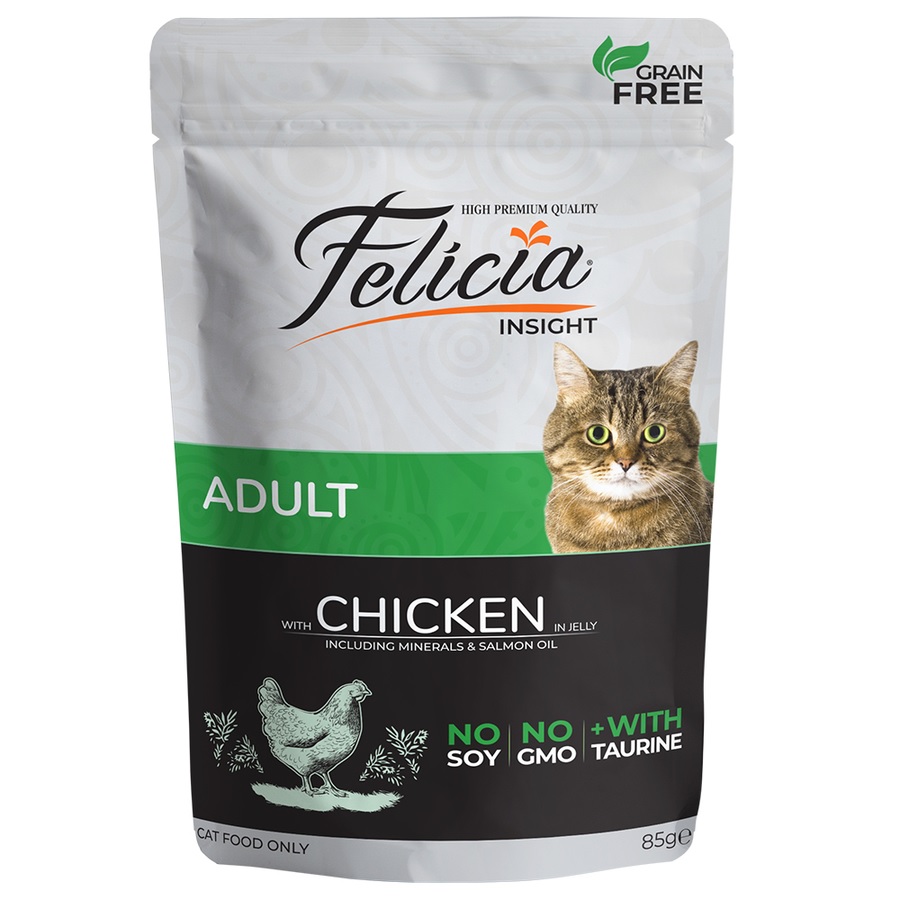 | پوچ گربه بالغ فلیسیا Felicia طعم مرغ وزن 85 گرم