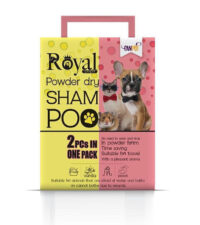 - شامپو خشک پودری دوقلو سگ و گربه رویال کوکو با دو رایحه وانیل و هلو حجم 240 میلی لیتر
